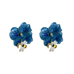 Elegant floral stud earrings with blue enamel flowers and golden bee pendants