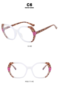 Front and side view of C6 leopard print and transparent TR90 polygon eyeglass frames