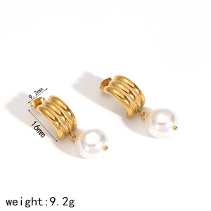 Elegant gold titanium steel triple-line stud earrings with hanging white baroque pearls