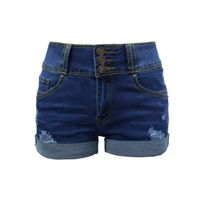 Detail of high-waisted denim shorts featuring triple button closure and cuffed hems