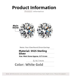 Macro detail of S925 sterling silver four-claw stud earrings with round cubic zirconia