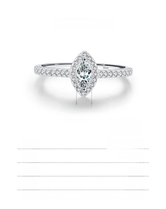 Macro detail of S925 sterling silver halo ring with marquise cut zircon and side stones