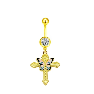 Piercing de nombril doré avec pendentif croix papillon et cristal de zircon brillant