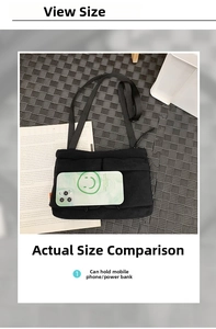 Nylon messenger bag size comparison with smartphone showing compact dimensions