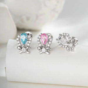 Copper Bow Knot Ear Cartilage Stud Pear Drop Zircon Micro Paved Piercing Jewelry Vintage Style For Women