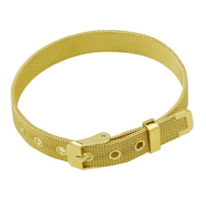 Detail of golden mesh bracelet with adjustable belt buckle closure and woven texture