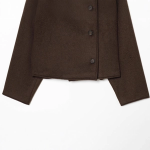 Dark brown wool jacket with double-breasted buttons and soft wool texture on white background