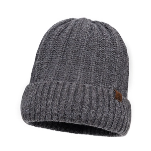 Men's dark grey winter knit beanie with fold-over cuff and snowflake leather patch detail