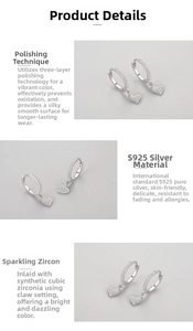 Detailed view of S925 sterling silver hoop earrings with cubic zirconia heart charms