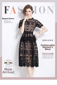 Detail of elegant black lace dress featuring intricate floral hollow patterns and waist belt