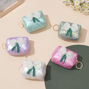 Quilted bow coin purses in pastel mint, pink, and white with golden keychain rings