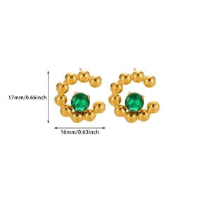 Detailed size specifications for gold floral earrings with green stone and pearl inlay
