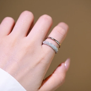 Double-layered silver rings set featuring one simple band and one full zircon band for women
