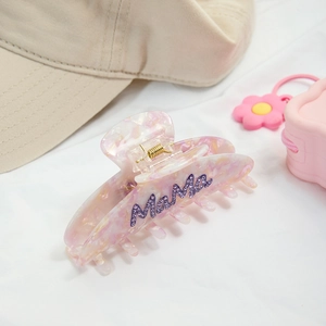 Pink marble acrylic hair claw clip with purple rhinestone Mama lettering design