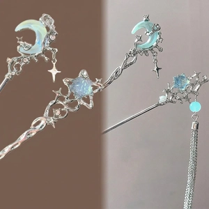 Vintage Chinese Style Hair Stick Pin For Women Alloy Moonstone Rhinestone Star Moon Design Long Tassel Elegant Accessories