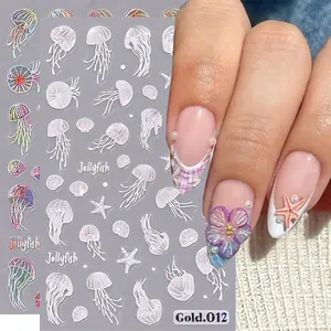 Nail Art Stickers Ocean Jellyfish Starfish Shell Laser Holographic 3D Relief Self Adhesive Decoration For Women