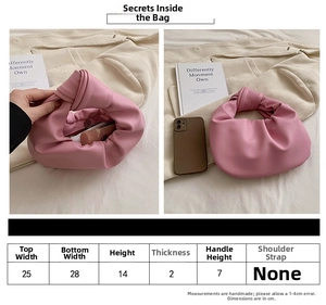 Detailed size chart and dimensions for the pink crescent handbag with knotted handle