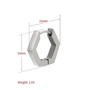 Minimalist geometric stainless steel hexagon hoop earrings with dimensions and weight