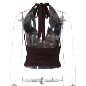Detail of dark brown halter top with pleated fabric and tie-back neck design