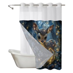 Waterproof bathroom shower curtain with artistic deer forest print and metal hooks