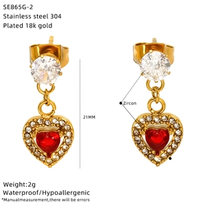 18K gold plated stainless steel earrings with red heart zircon and clear stones