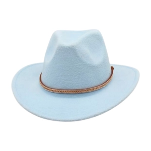 Detail of light blue felt cowboy hat with a brown studded decorative band on white background