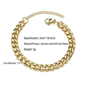 Polished 18K gold-plated stainless steel 3mm curb link chain bracelet with lobster clasp