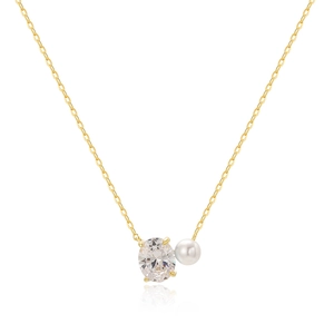 Elegant gold necklace with oval zircon and pearl pendant, minimalist jewelry design