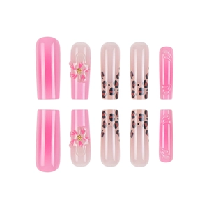 Elegant press-on nails set with pink gradient, 3D floral accents and leopard pattern