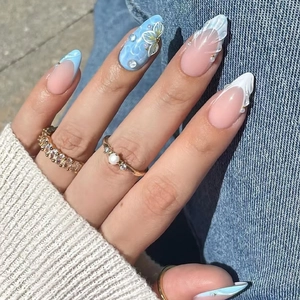 Unghie Finte Mandorla Lunga Estate Onda Oceano Fiore Rilievo 3D Conchiglia Francese Strass Perla Artificial ABS Lucide Donna