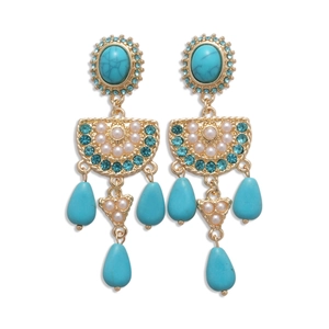 Vintage gold drop earrings with turquoise, pearls and crystals in bohemian style