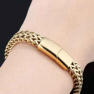 Men's bold hip hop gold stainless steel wheat chain bracelet with magnetic clasp