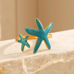 Starfish Ring 18K Gold Plated Stainless Steel Teal Blue Enamel Adjustable Open Design Marine Ocean Style For Women