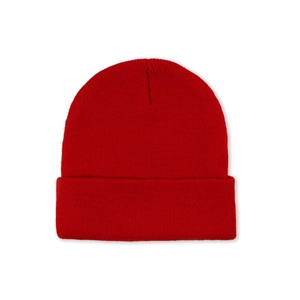 Detail view of bright red ribbed knit beanie with thick fold-over cuff for winter warmth