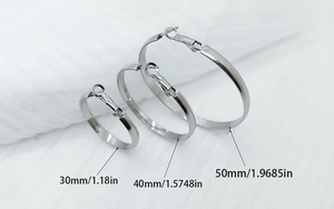 Polished stainless steel hoop earrings set showing 30mm, 40mm and 50mm size comparison