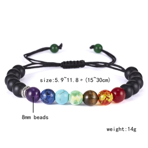 Adjustable woven rainbow chakra bracelet with 8mm natural stone beads on white background