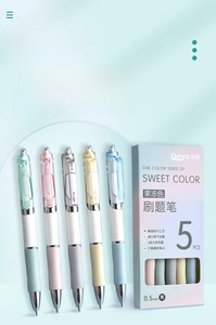 Close-up of 5 Morandi retractable gel pens with 0.5mm nibs and soft ergonomic grips