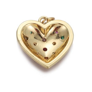 Detailed view of a gold-plated heart pendant with multi-colored zircon stones inlay