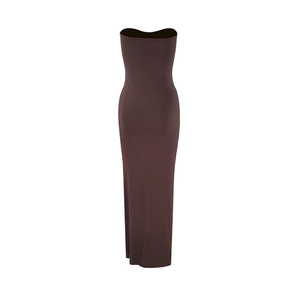 Detail view of a slim fit dark brown strapless bodycon maxi dress with ruched design