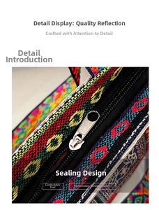 Macro shot of silver metal zipper and colorful ethnic embroidery on a canvas tote bag
