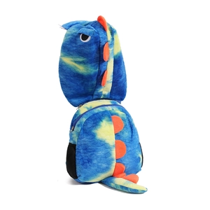 Detail of blue and yellow tie-dye plush dinosaur backpack with orange fins and mesh side pocket
