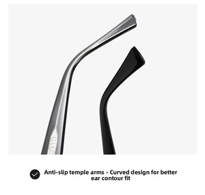 Detail of ergonomic anti-slip sunglasses temples with curved lines for ear comfort