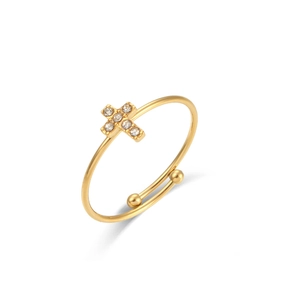 Close-up of 18K gold-plated adjustable ring featuring a cross charm with white zircons