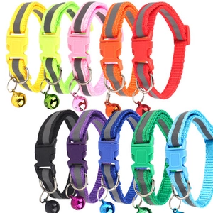 Collection of 10 colorful reflective nylon pet collars with bells and buckles