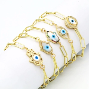 Evil Eye Hamsa Hand Paperclip Link Bracelet 18K Gold Plated Copper Cubic Zirconia Shell Amulet Jewelry For Women