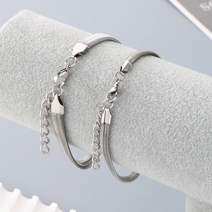 Minimalist silver stainless steel flat snake chain necklace and bracelet jewelry set