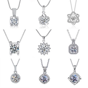 Detailed grid showing nine styles of S925 silver pendant necklaces with zircon settings
