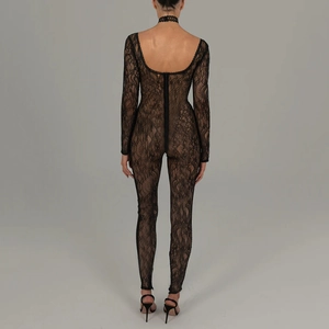 Detailed back view of a black lace long-sleeve bodysuit featuring a discreet rear zipper