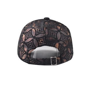 Detail of checkered baseball cap back view with bronze texture and silver metal buckle
