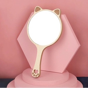 Handheld Makeup Mirror Natural Wood Frame Cute Animal Cat Bear Ear Shape High Definition Glass Cosmetic Hand Mirror Paw